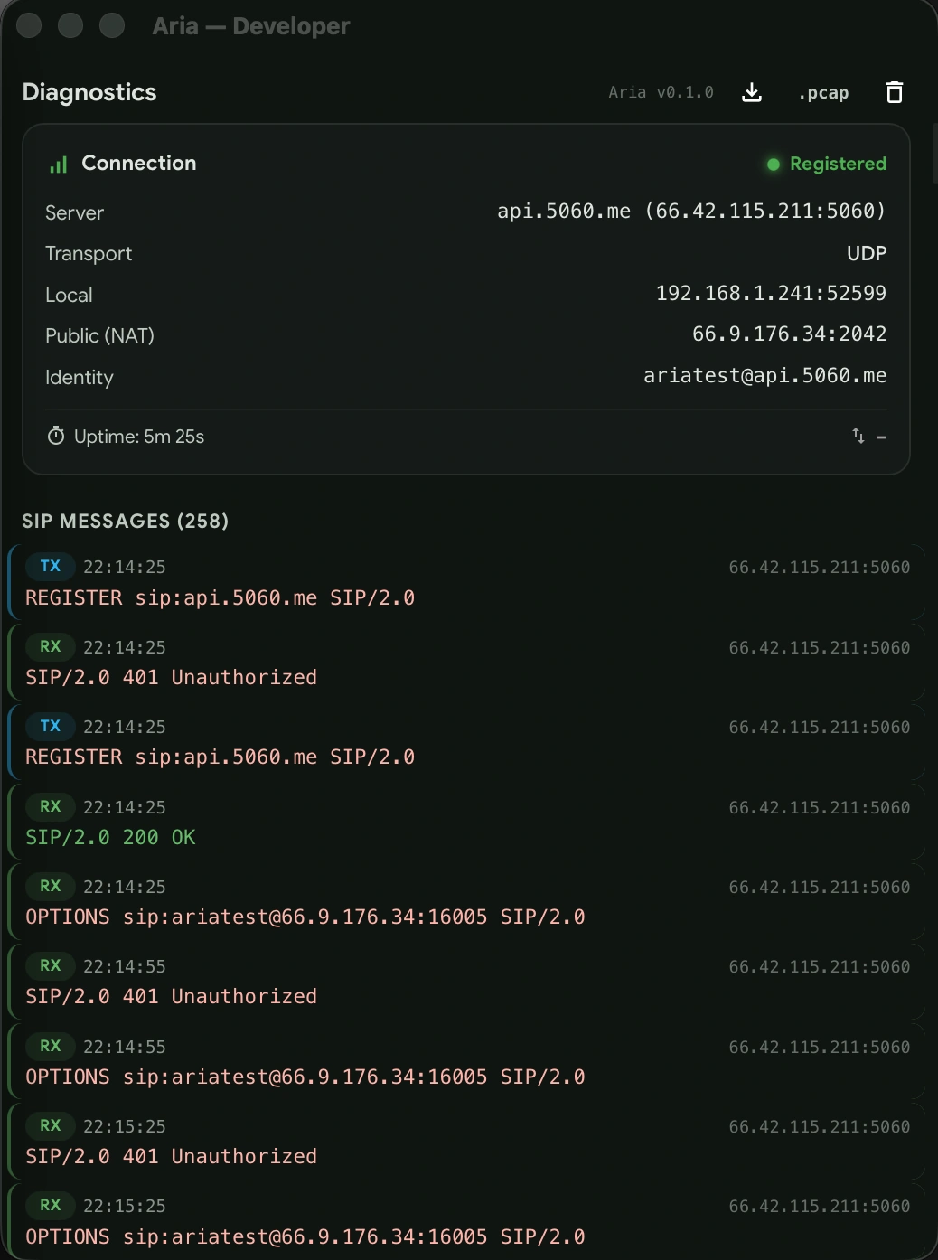 Aria Softphone diagnostics