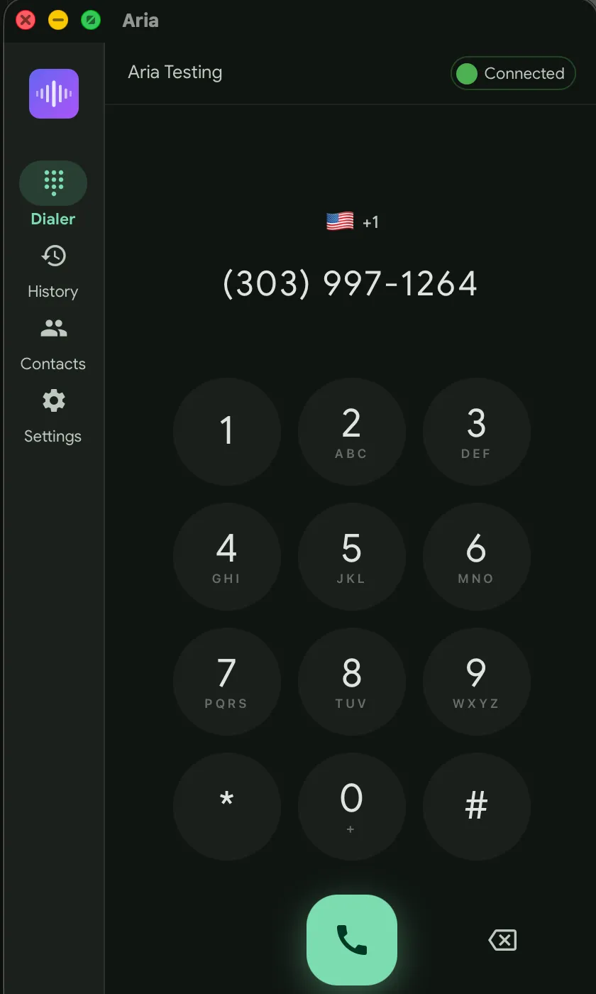 The Aria dialer on macOS, registered and showing a number ready to call
